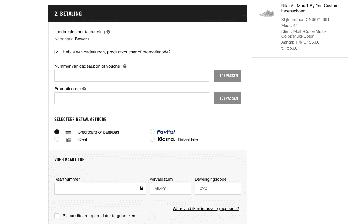 Kortingscode invullen bij Nike